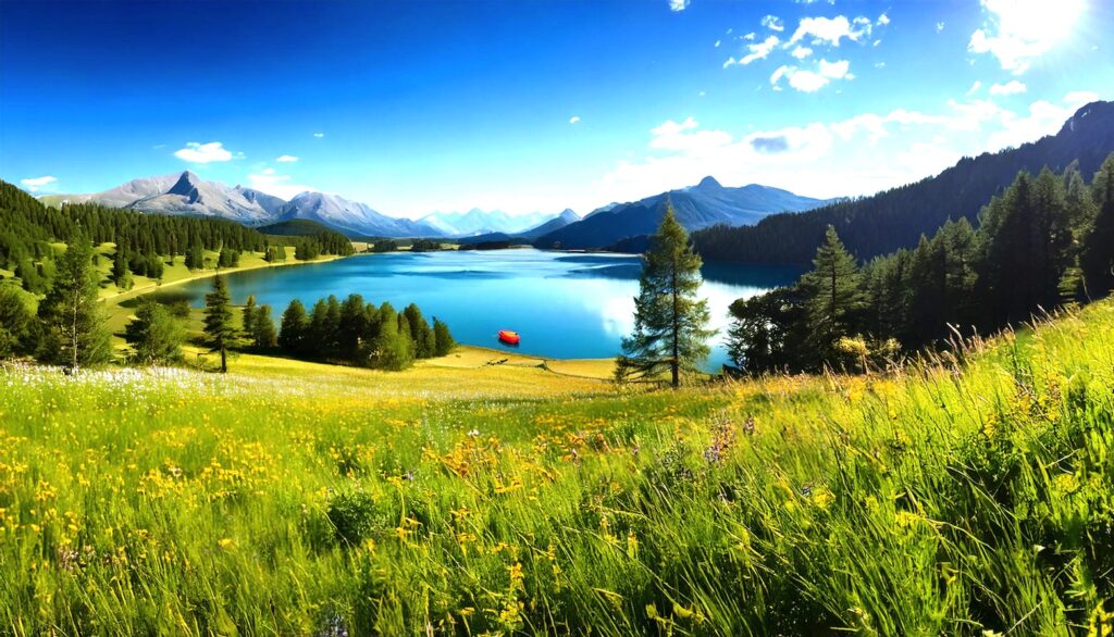 Photograph of a serene lake surrounded by green meadows and forested hills under a clear blue sky. Bright yellow wildflowers cover foreground grass, with distant mountains framing calm water featuring a small red boat near shore.