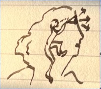 An ink sketch of a person climbing a head